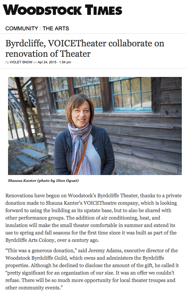 Voice Theatre article in the  Woodstock Times, April 2015